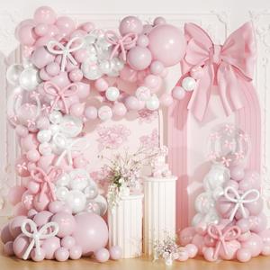 Pink and White Bow Balloon Arch Kit,JOGAMS 199Pcs Coquette Birthday Decorations with 260 Bubble Pearl White Balloons Ribbon Bow for Coquette Bow Birthday Baby Shower Wedding Bachelorette Bridal Shower