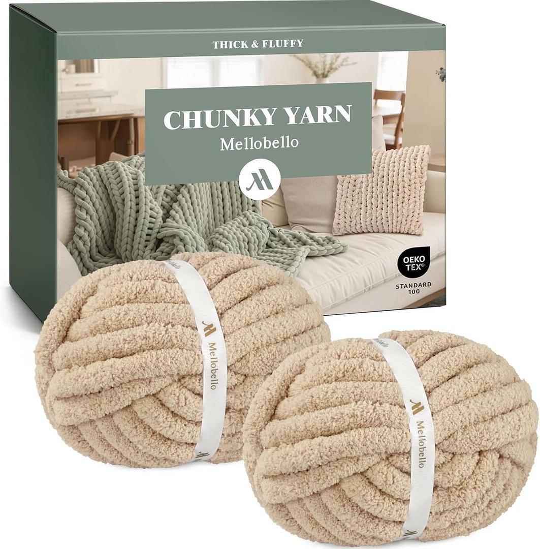 Jumbo Chenille Chunky Yarn for Crocheting - Super Bulky Fluffy Chunky Yarn for Hand Knitting - Extra Thick Soft Blanket Big Yarn 2 Jumbo Pack (27yds,8 oz Each Skein) (Khaki)