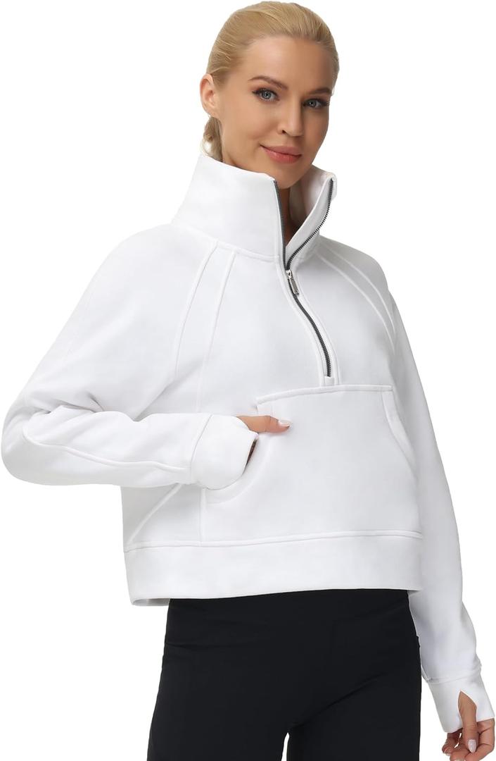THE GYM PEOPLE Womens' Half Zip Pullover Fleece Stand Collar Crop Sweatshirt with Pockets Thumb Hole (White, S)