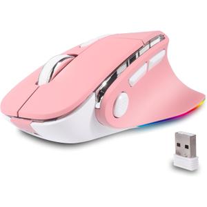 Ergonomic Mouse Jiggler,Bluetooth Vertical Wireless Mouse,LED Rechargeable Optical Computer Mice, Portable(BT5.2 or USB 2.4GHz) Dual Mode,1000/1600/2400 DPI,8 Buttons for Laptop,PC,Macbook (pink)