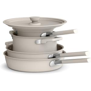 bella 9 Piece Ceramic Nonstick Cookware Set, Fits-anywhere Kitchenware w EverGood Coating, Dishwasher & Oven Safe, All Stovetops Compatible, Stackable Design, Cool Touch Handles, Oatmilk
