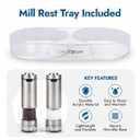 Electric Salt & Pepper Grinder Set  USB-C Rechargeable Stainless-Steel Mills & Shakers with LED Light, Adjustable Ceramic Grinders & Acrylic Rest Tray