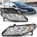 AS Headlight Assembly Compatible with 2006-2011 Honda Civic 4-Door Sedan fit for 2006 2007 2008 2009 2010 2011 Civic 4DR Headlamps Replacement Chrome Housing Amber Reflector