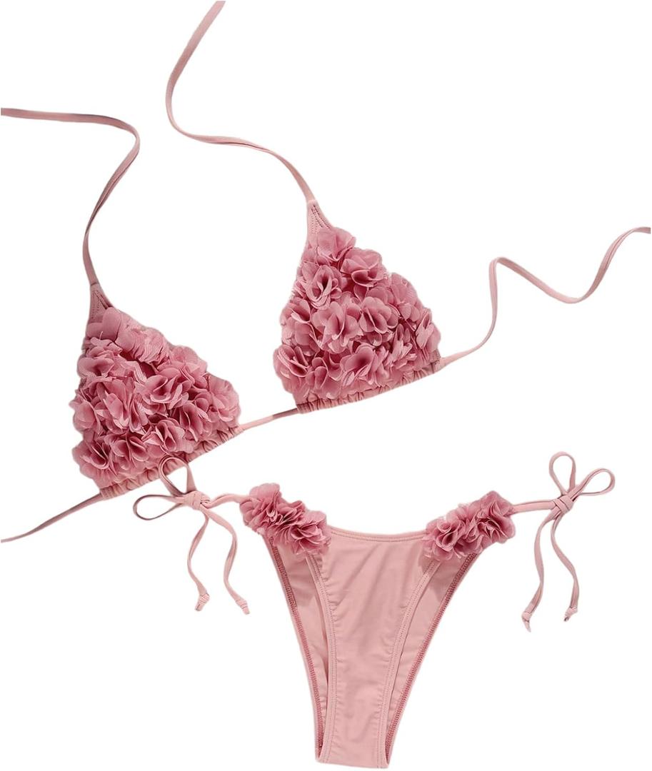 Verdusa Women's 2 Piece 3D Flower Halter String Bikini Sets Tie Back Vacation Bathing Suit Pink Small