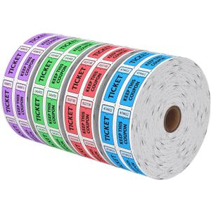 Raffle Tickets Double Roll 8000 Tickets 50/50 Tickets for Events, Entry, Class Reward, Fundraiser & Prizes(Blue, Green, Purple, Red)