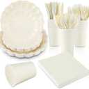 168Pcs Party Plates and Cups and Napkins Sets for 24 Guest Scalloped Paper Plates and Napkins Knives Spoons Forks Cups Disposable Party Set Cutlery for Dinner Baby Shower Wedding Favor(Cream White)