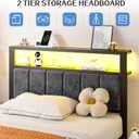 Liians Twin Size Platform Bed Frame with LED Lights, Grey Upholstered Headboard with 2-Tier Storage Shelves, Charging Station, Noise Free, No Box Spring Needed, Easy Assemably