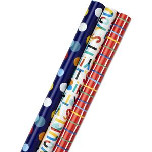 Hallmark Birthday Wrapping Paper Bundle with Cut Lines on Reverse (3-Pack: 55 sq. ft. ttl.) Bright and Holographic Prints and Patterns in Red, Blue, Yellow, White and More