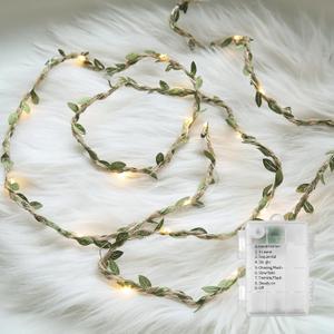 6.56 Ft Mini Green Ivy Leaves Fairy String Lights Battery Operated with Hemp Rope, 20 LED Battery Powered Garland Plant Vine Fairy Light for Bedroom Party Holiday Patio Decor (Warm White)