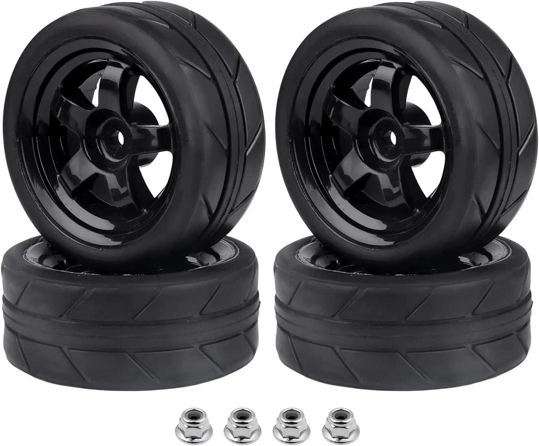 Pre-Glued OD 2.55" 12mm Hex Wheels Rims and Rubber Tires for Traxxas Tamiya HPI HSP Redcat RC 1/10 On Road Racing Car, Set of 4 (Color C)