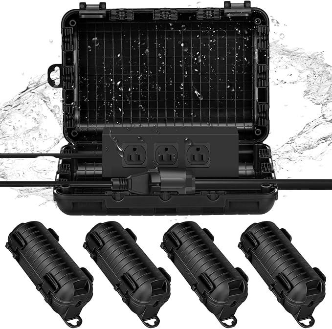 Frienda Outdoor Extension Cord Safety Cover Waterproof Cord Connector Protector Ip44 with 4 Detachable Latches Plug Cover Electrical Safety Box for Holiday Outlet Decoration Lights(Black, 12 Pack)