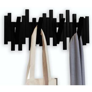MinBoo Bamboo Multi Hook Coat Rack -Decorative Hooks for Wall Modern, Unique, Space-Saving Coat Hanger with 4 Flip-Down Hook for Hanging Coats, Christmas Decorations Wall Hooks for Hanging,Black