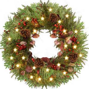 Rocinha 24'' Artificial Christmas Wreath with Lights, Red Berry & Pine Cones, Battery Operated Christmas Wreaths for Front Door, Window, Fireplace, Wall, Christmas Decorations for Indoor and Outdoor