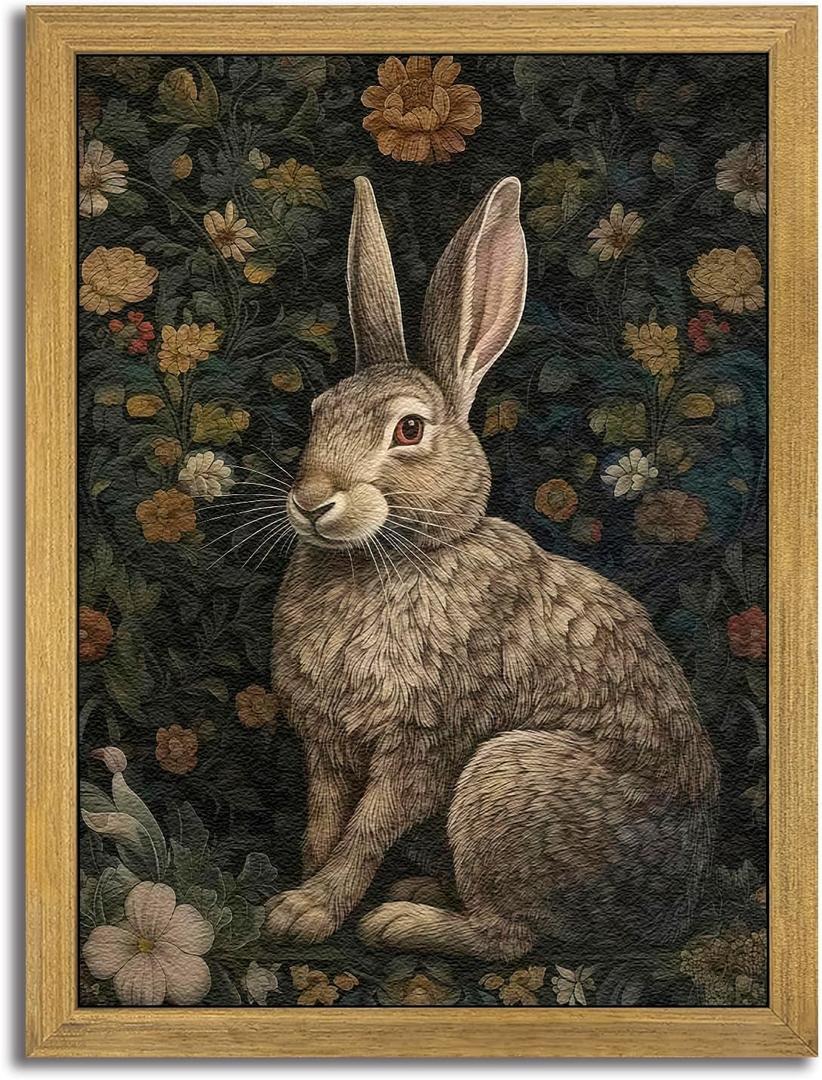 SAMHOU Framed 3D Textured Wall Art, Vintage Sandstone Hand Drawn Rabbit Wall Decor, Easter Cute Bunny Decor Painting, Nature Animal Flowers Pictures for Bathroom Living Room Bedroom Office 16x24 inch