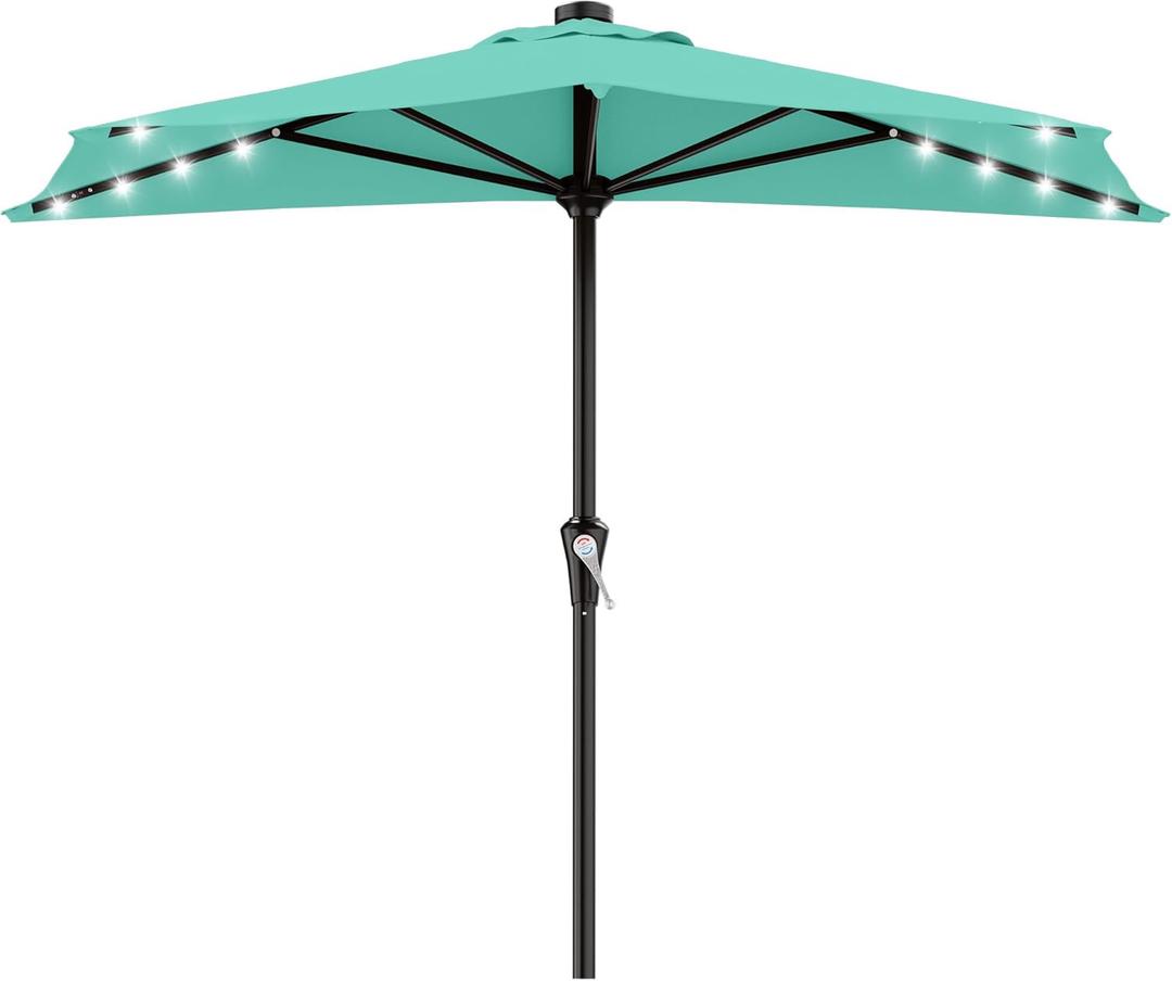 AreShark 9ft Patio Half Umbrellas with Solar Lights, 1/2 LED Half Outdoor Umbrella w/ 20 LED Lights, Lighted Table Wall Umbrella with Crank & 5 Sturdy Ribs for Market, Pool, Deck, Lawn and Garden, Teal Blue