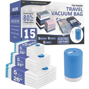 Cozy Essential Travel Vacuum Storage Bags with Rechargeable Cordless Electric Pump, Space Saver Bags for Luggage, Suitcase, Carry-On, for Clothes, Blankets, Comforters, Pillows, 15 Combo