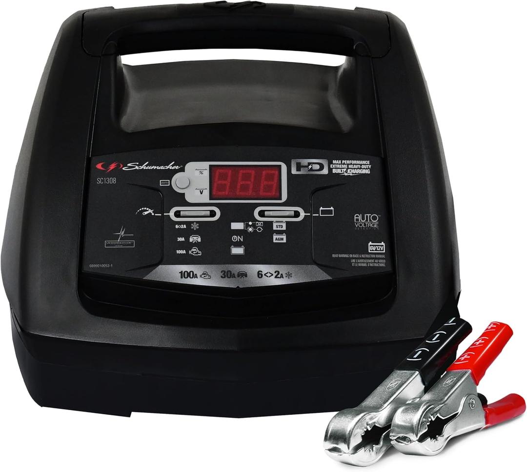 Schumacher Electric Battery Charger and Engine Starter, SC1308, 6-in-1, Fully Automatic, 100 Cranking Amps, 6 Volt, 12 Volt, for Car, Truck, SUV, and Marine Batteries