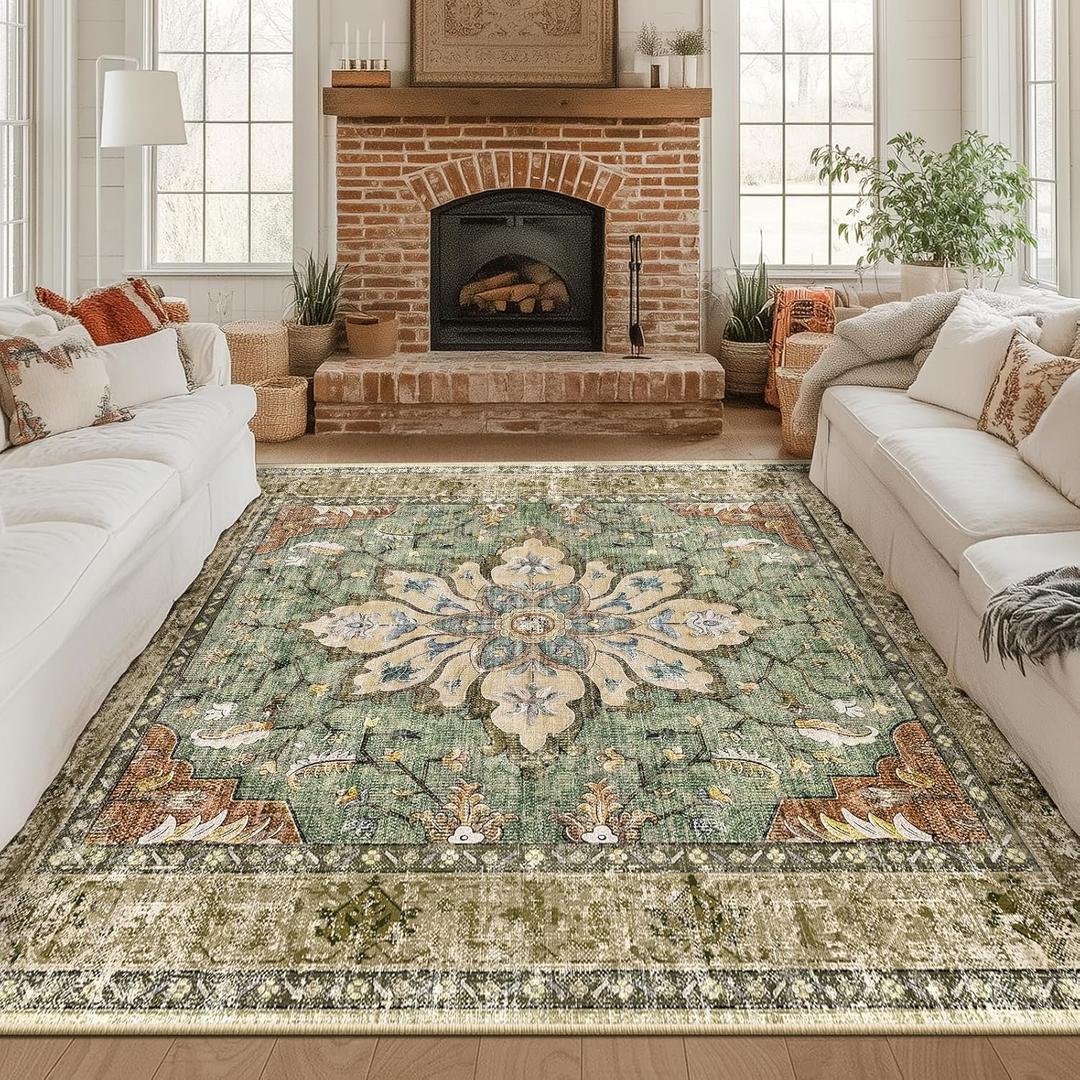 Area Rugs Square 8ft Washable Non-Slip, Floral Vintage Distress Print Pattern Medallion Carpet for Living Room Bedroom Dining Room, Brick Red Rust Neutral Brown Burnt Orange Green