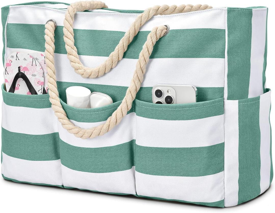 Becokan Beach Bags for Women Canvas Large Beach Tote Bag Zipper Waterproof Sandproof Foldable Swim Pool Bag with 7 Pockets
