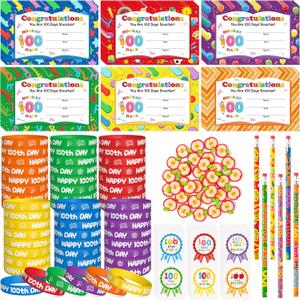 WATINC 100 Days of School Awards Set - 162Pcs Hooray 100 Days School Bracelets Smarter Greeting Cards Student Reward Stickers, Happy 100th Pencils Eraser Party Supplies for Classroom Teacher (Big Set)