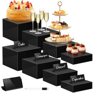 Buffet Risers Set of 8 Acrylic Cube Display Stands Box Risers with Hollow Bottoms 4 Different Size Dessert Table Display Set Food Nesting Risers for Buffet Table, Cupcake Candy Food, Parties, Brunch, Weddings (8 PCS Black Cube)