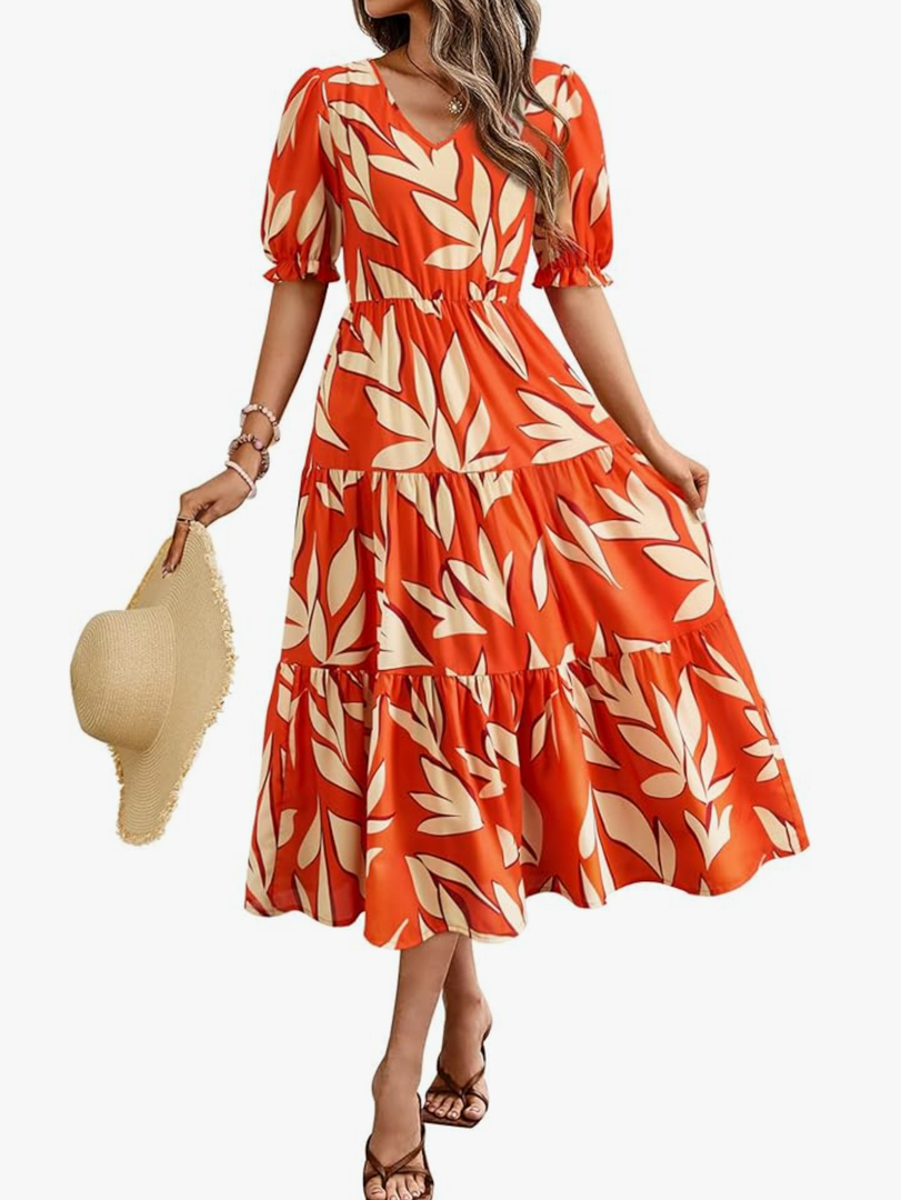 Okiwam Womens Summer Dresses 2025 Spring Casual Floral Short Sleeve Ruffle Flowy Midi Dress Boho Beach Vacation Sundress, XXL, Orange