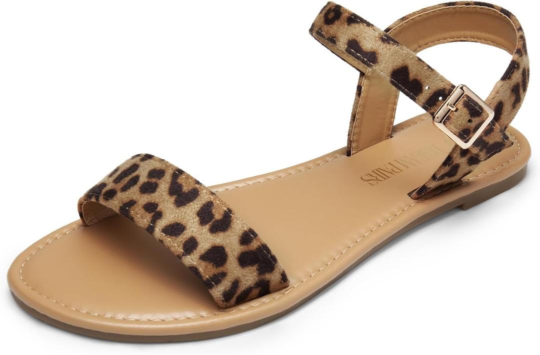 DREAM PAIRS Women's Ankle Strap Flat Sandals Open Toes One Band Buckle Summer Dressy Sandals (5.5, Leopard)