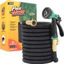 Flexi Hose Expandable Garden Hose with 8 Function Nozzle, 100FT - Lightweight Retractable Garden Hose, Water Hose - No-Kink Flexibility, 3/4 Inch Solid Brass Fittings and Double Latex Core (Black)