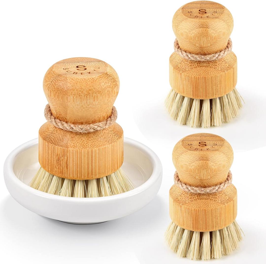 Bamboo Dish Scrub Brushes,Kitchen Wooden Cleaning Scrubbers Set for Washing Cast Iron Pan/Pot, Natural Sisal Bristles, Set of 3 (Regular size)