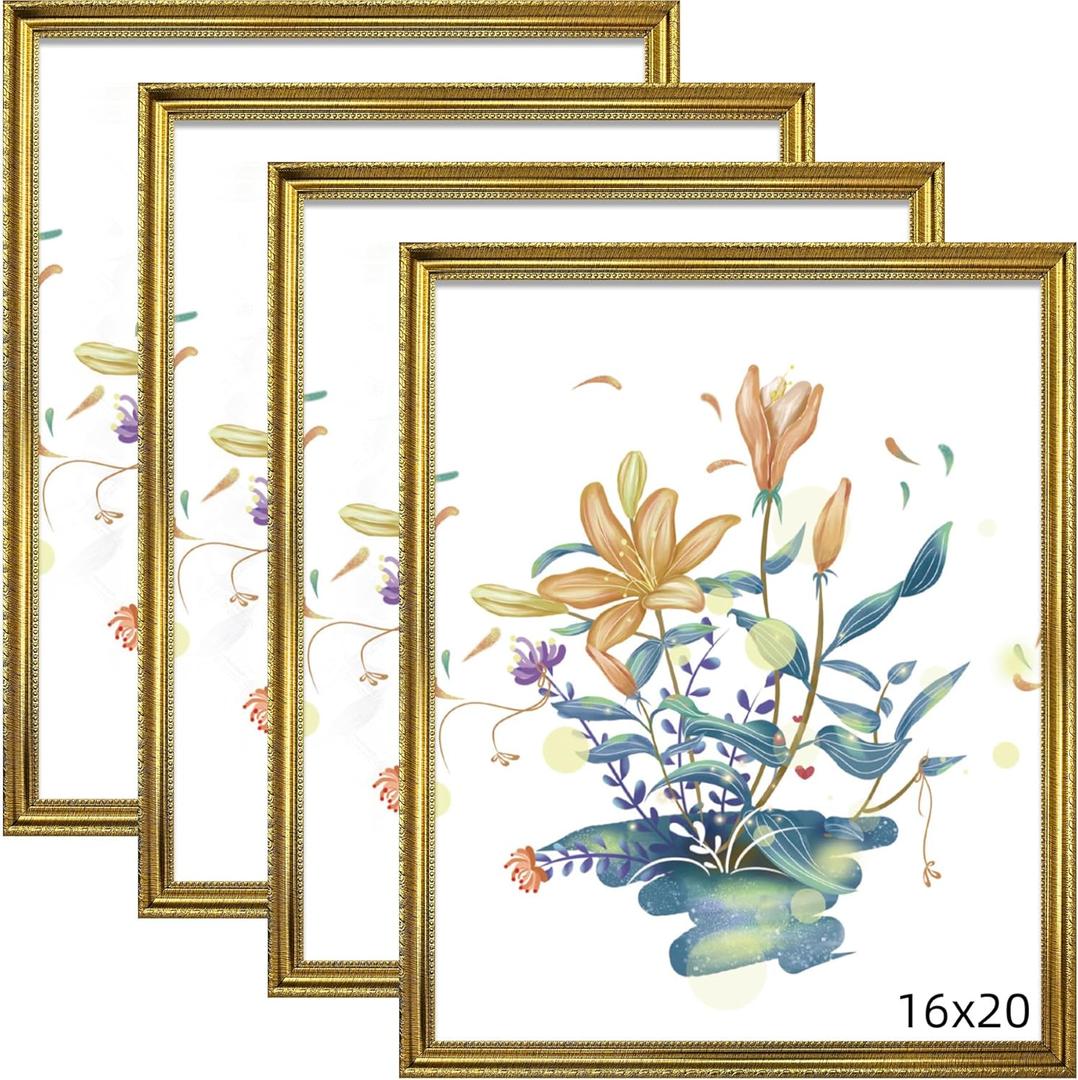 BESCRCL 16x20 Picture Frame Gold, Frames for Wall Display, Rustic Vintage Photo Frame with Shatterproof Crystal Acrylic, 4 Pack