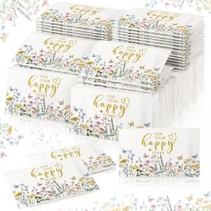 Yinder 60 Bulk Happy Tears Tissue Packs for Wedding 3 Ply Pocket Size Tissues Packs for Guests Facial Individual Wedding Favors Party Supplies Travel Graduation Celebration(Gold Floral)