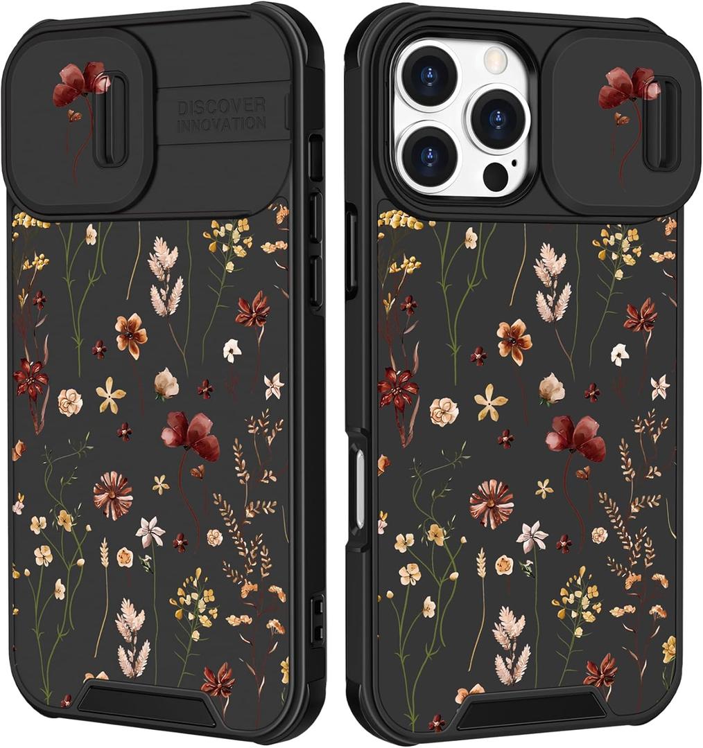 Goocrux for iPhone 16 Pro Case - Women Cute Phone Cover Girly Pretty Fancy Unique Aesthetic Design Slide Camera Cover Protective Case for Apple for iPhone 16 Pro,Flowers Floral