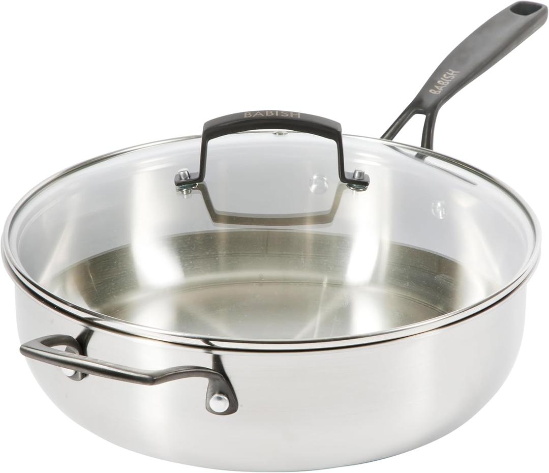 Babish 5-Qt Stainless Steel Saut Pan with Lid  Heavy Duty Nonstick-Ready, Oven & Induction Safe, Everyday Kitchen Cookware (Tri-Ply Stainless w/ Black PVD Handle)