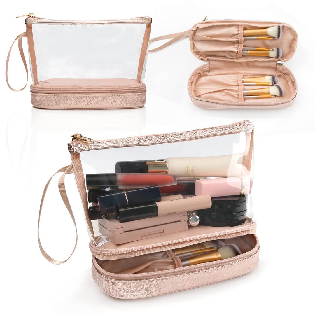 Ethereal Clear Makeup Bag, TSA Travel Makeup Organizer Bag Rose Gold Makeup Bags for Women Small Cosmetic Bag Portable Makeup Bag for Purse (Small (Pack of 1))