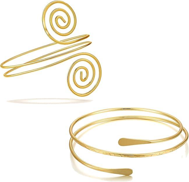 BROCC 2PCS Gold Coil Swirl Upper Arm Bracelet for Women Open Upper Arm Cuff Bangle Armlet Gold Silver Adjustable Armband Bracelet Set