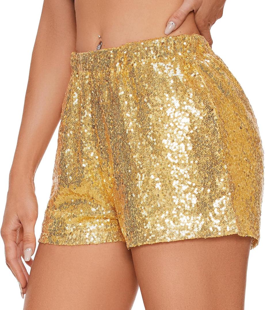 Zando Elastic High Waist Sequins Shorts for Women Solid Glitter Straight Leg Hot Bottom for New Year Disco Party Club Concert (X-Large, Gold)
