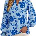 MASCOMODA Womens V Neck Floral Long Sleeve Tops 2025 Summer Casual Loose Puff Sleeve Chiffon Boho Work Blouse Dressy T Shirts (S)