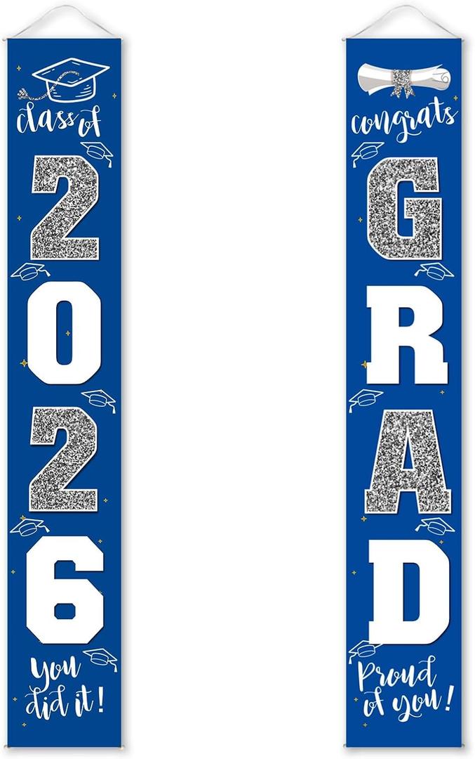 Graduation Decorations Class of 2026 | Congrats Grad Banner - Porch Sign Blue Silver | Grad Party Decorations Graduates Party Supplies