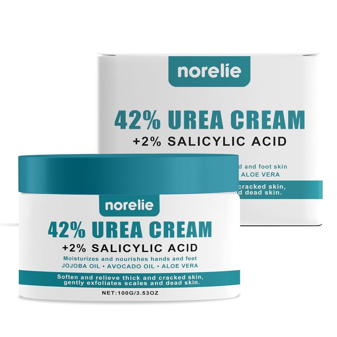 Norelie Urea Cream 42% with 2% Salicylic Acid - Foot and Heel Moisturizer for Dry, Cracked Skin - Non-Greasy Hydrating Cream for Feet, Hands, and Elbows, Softens Calluses and Rough Skin, 3.53oz
