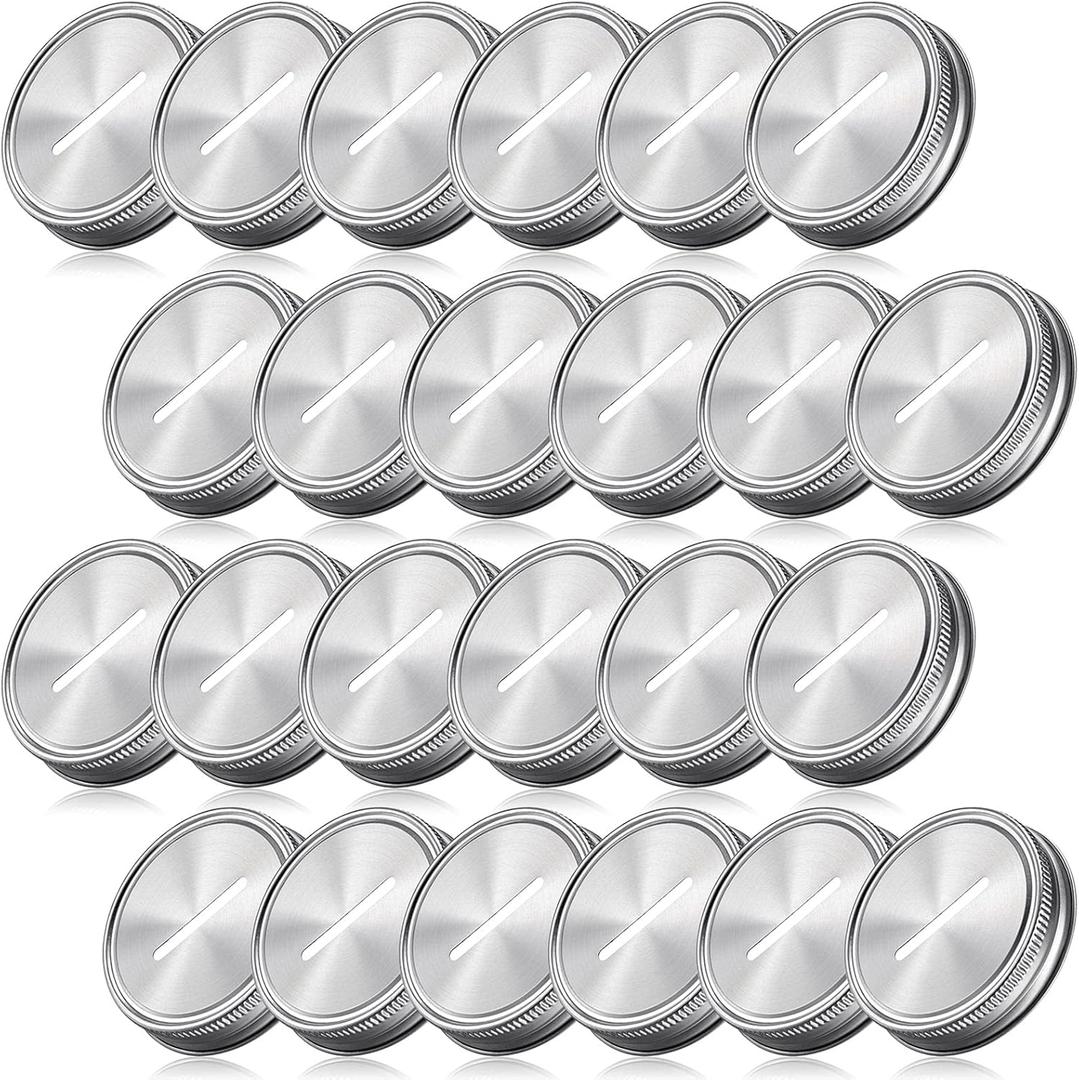 Geiserailie Coin Slot Bank Lid for Mason Jars Regular Mouth Jars and Piggy Banks Lids Money Saving Metal Coin Slot Stainless Steel for Regular Mouth Ball, 70 mm(24 Pieces)