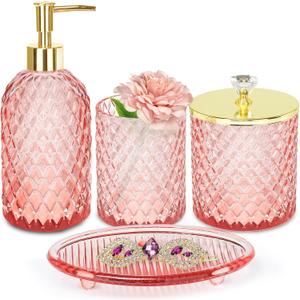 Haturi Pink Bathroom Accessories Set, 4 Pcs Glass Bathroom Accessory Set Complete w/Soap Dispenser, Toothbrush Holder, Qtip Holder, Vanity Tray, Gold Bathroom Set Decor, Gift for Girl Home Apartment