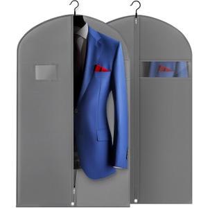 2 Pack 40-inch Suit Bag Garment Bag for Travel and Storage, Garment Bags for Hanging Clothes with Zipper and Visible Transparent Window, Waterproof Breathable Nonwoven Fabric, Gray