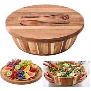 Geiserailie 14" Extra Large Acacia Wood Salad Bowl Set, 2-in-1 Serving Bowl