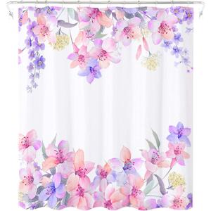 AO BLARE Floral Shower Curtain, Watercolor Pink Flower Spring Flower Fabric Bathroom Shower Curtain Set with Hooks 72 X 72 Inches
