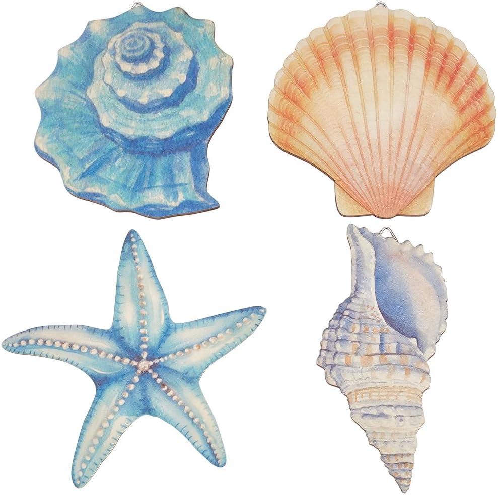 GORGECRAFT 4Pcs Wooden Shell Wall Decor Art Natural Wood Summer Sea Beach Ocean Sculptures Animal Starfish Conch Shells Scallops Nautical Coastal Hanging Ornament for Lake House Bathroom Bedroom Home