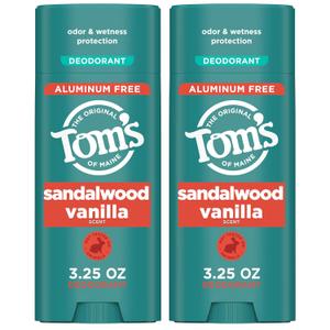 Tom's of Maine Sandalwood Vanilla Aluminum Free Natural Deodorant For Women & Men | Goes on Clear | Odor & Wetness Protection | Naturally Derived and Moisture-Locking Ingredients | 3.25 oz (2 Pack)