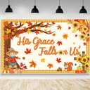 His Grace Fallis On Us Backdrop Fall Thanksgiving Banner Autumn Maple Leaves Pumpkin Fall Bulletin Board Decorations Fall Classroom Decorations Wall Decor Supplies 70.8 x 43.3 inch