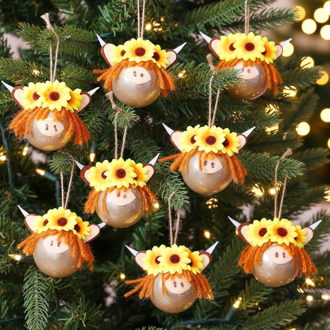 12 Pcs Western Handmade Christmas Ornament Highland Cow Ball Decoration 3D Christmas Tree Decor with Loop Shatterproof Hanging Ornament for Xmas Tree Home Farmhouse Decor Animal Lover Gifts