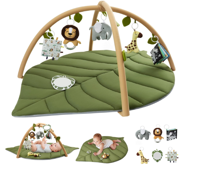 Blissful Diary Baby Play Gym & Activity Mat, Oversize Leaf Shaped Baby Play Mat w 6 Detachable Toys, Tummy Time Mat Promote Motor Skills & Sensory Development Mat, Newborn Infant Baby Essentials Gift