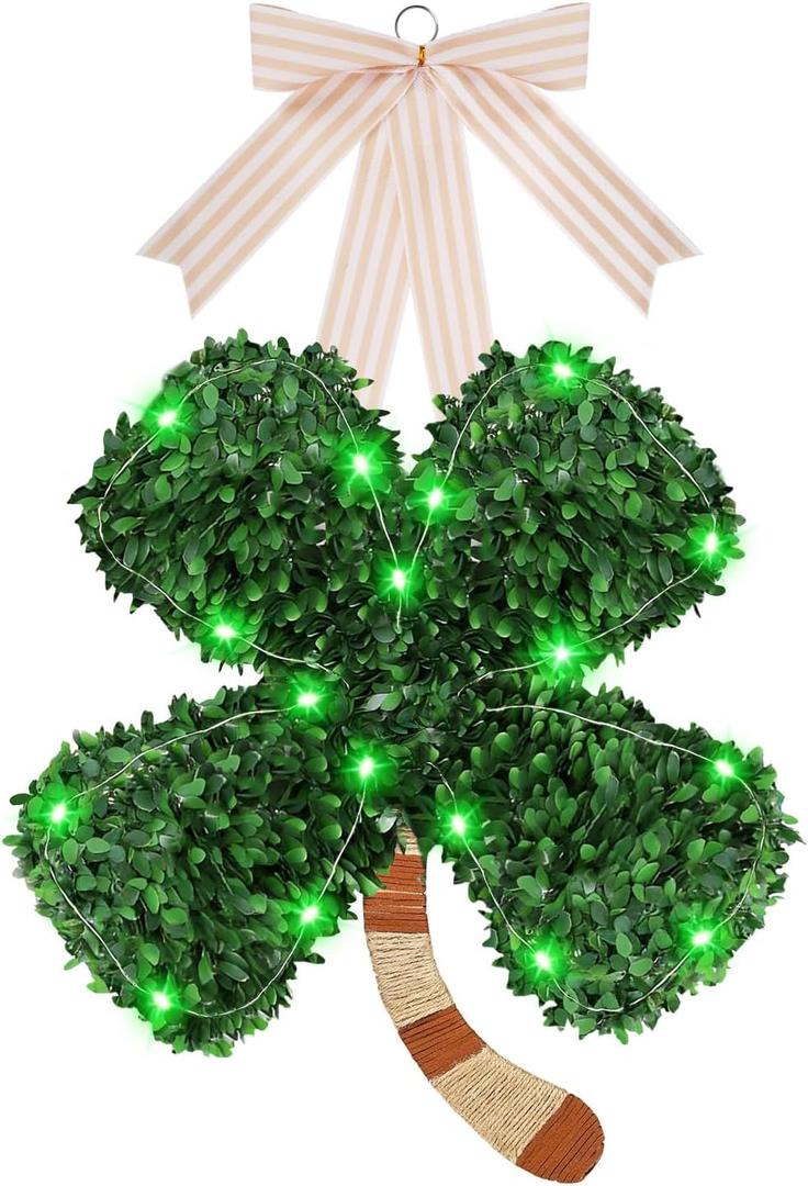 St Patricks Day Wreath for Front Door, Shamrock Wreath Decorations with Lights, Hanging Lucky St. Patrick's Day Door Decorations for Home Farmhouse Wall Porch Decor Party Supplies